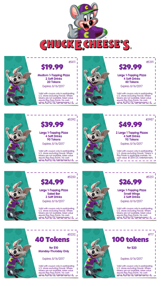 Chuck E. Cheese coupons & promo code for [May 2024]