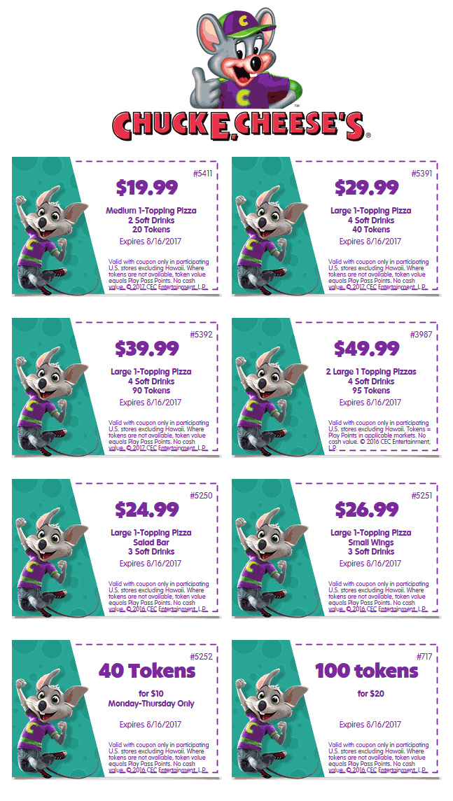 Chuck E. Cheese Coupon April 2024 100 tokens for $20 & more at Chuck E. Cheese pizza