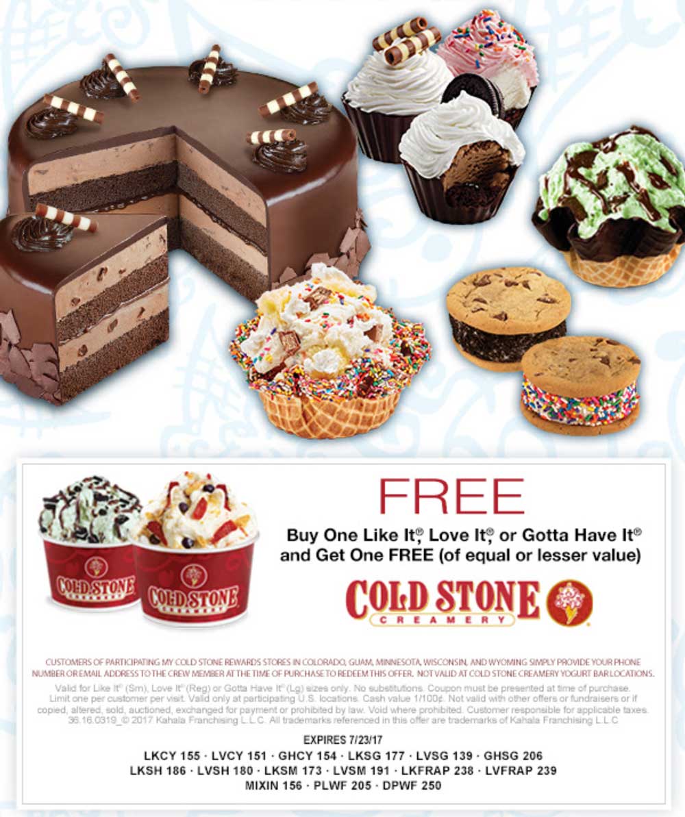 Cold Stone Creamery Coupon March 2024 Second ice cream free at Cold Stone Creamery