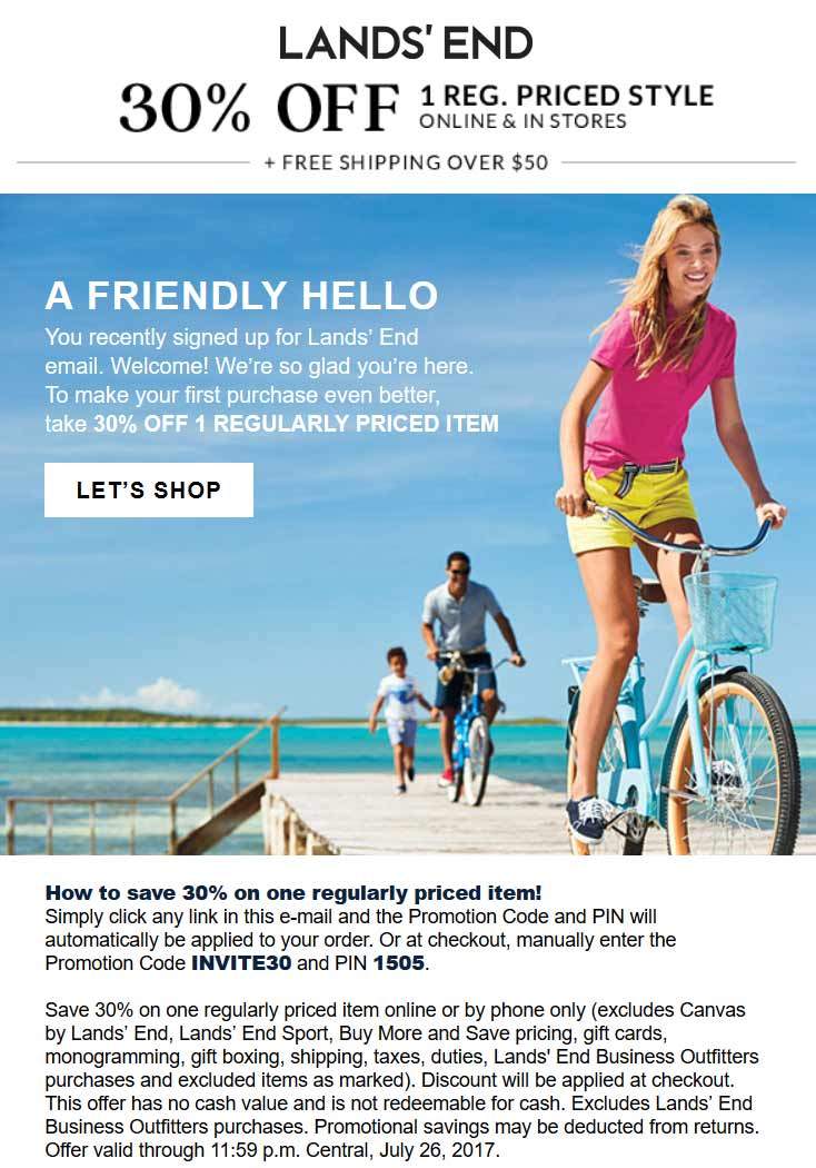 Lands End Coupon March 2024 30% off a single item at Lands End, or online via promo code INVITE30 and pin 1505