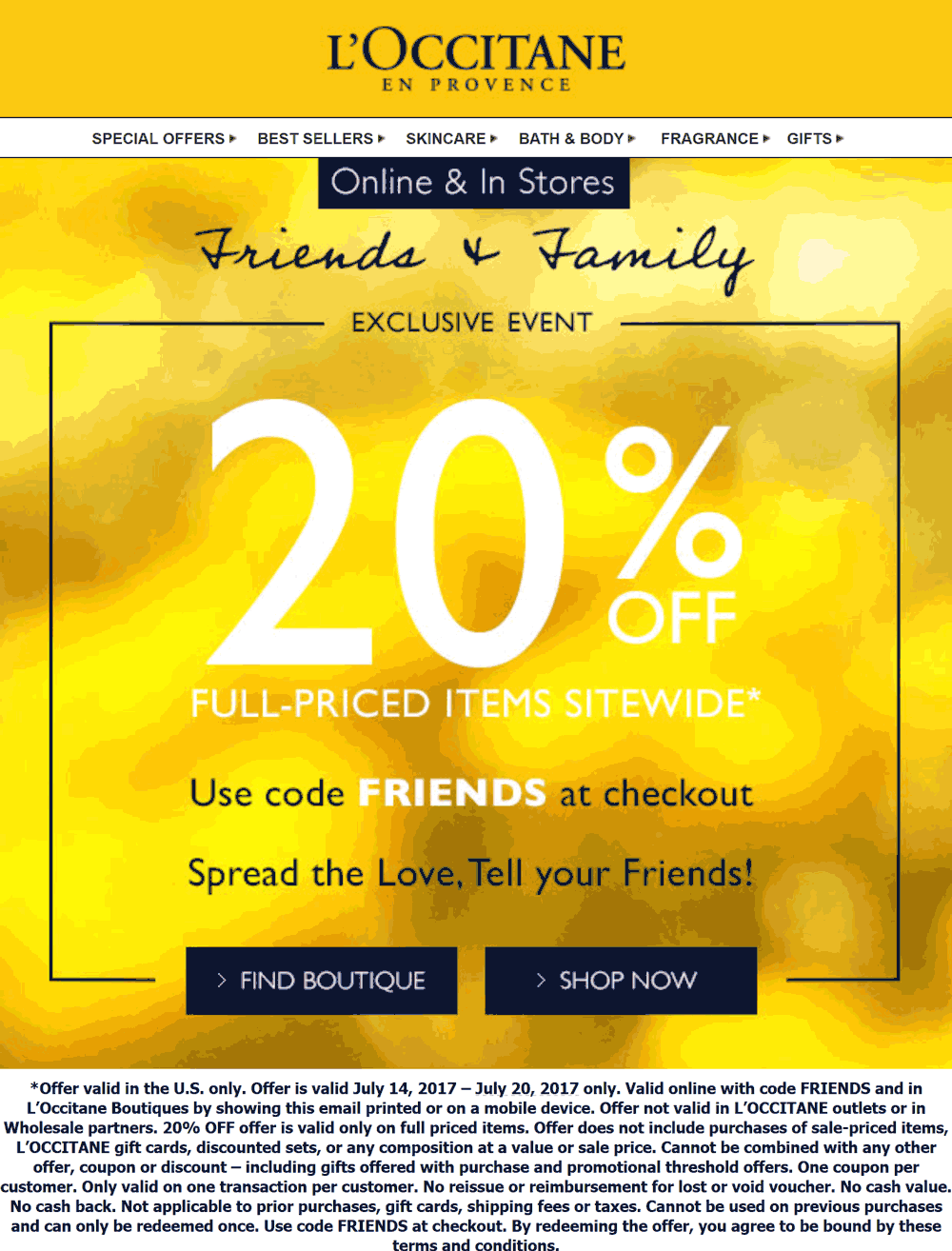 LOccitane Coupon May 2024 20% off at LOccitane, or online via promo code FRIENDS