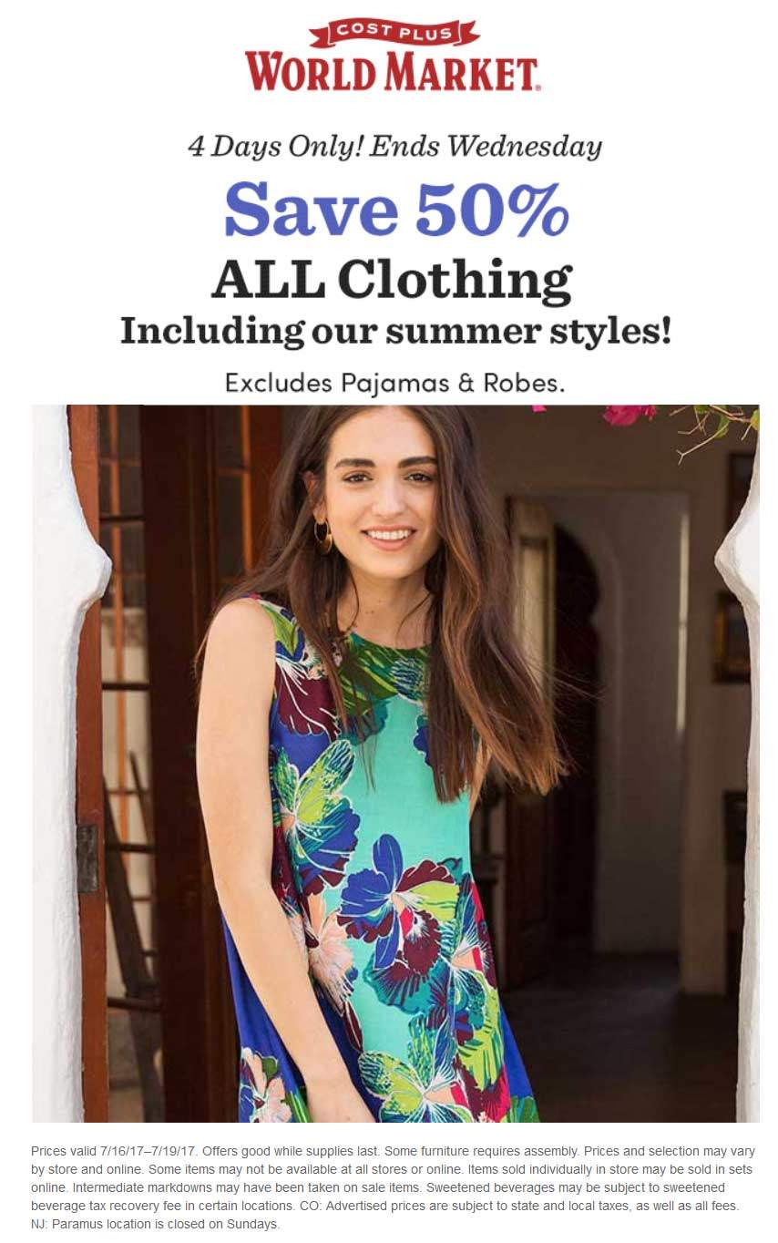 World Market Coupon April 2024 50% off clothing at Cost Plus World Market, ditto online