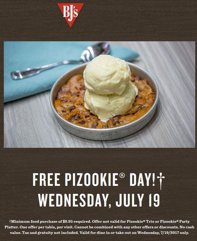 BJs Restaurant Coupon April 2024 Free pizookie with $10 spent Wednesday at BJs Restaurant