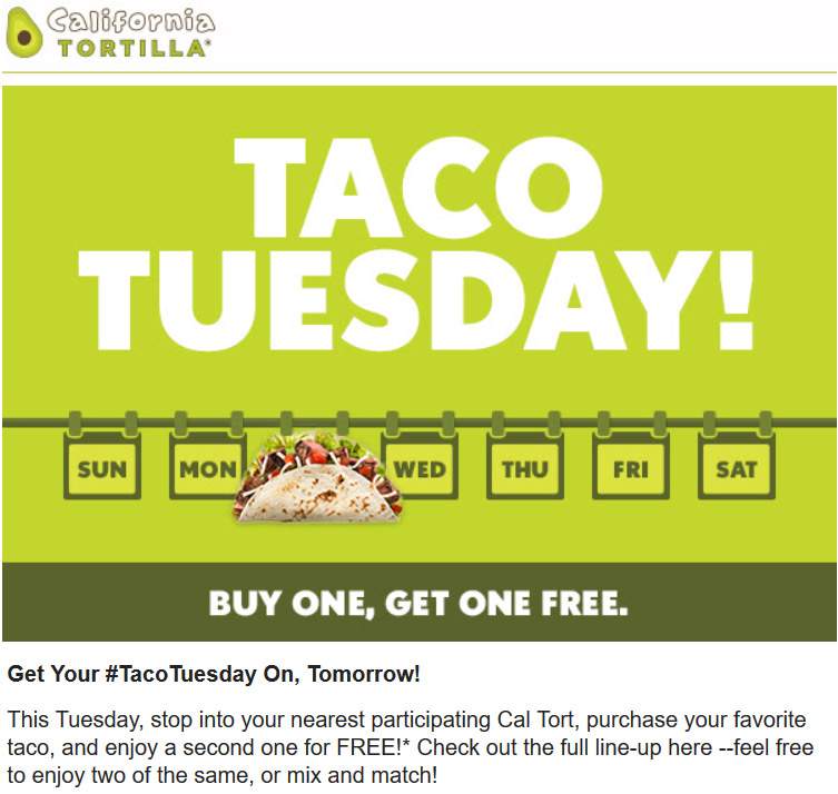 California Tortilla Coupon April 2024 Second taco free today at California Tortilla restaurants