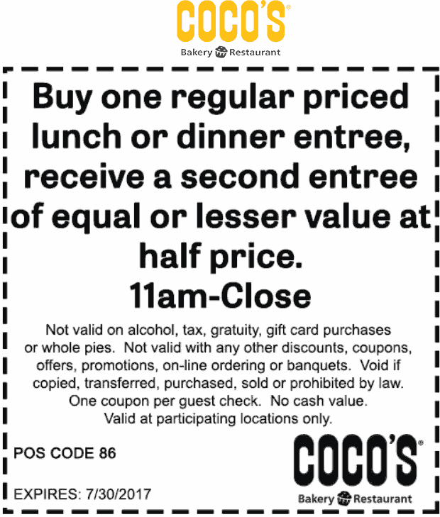Cocos Coupon April 2024 Second lunch or dinner 50% off at Cocos Bakery