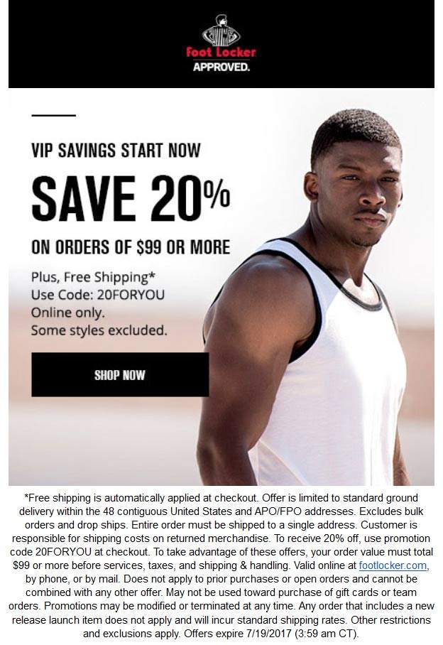 Foot Locker Coupon April 2024 20% off $100 online today at Foot Locker via promo code 20FORYOU, includes free shipping