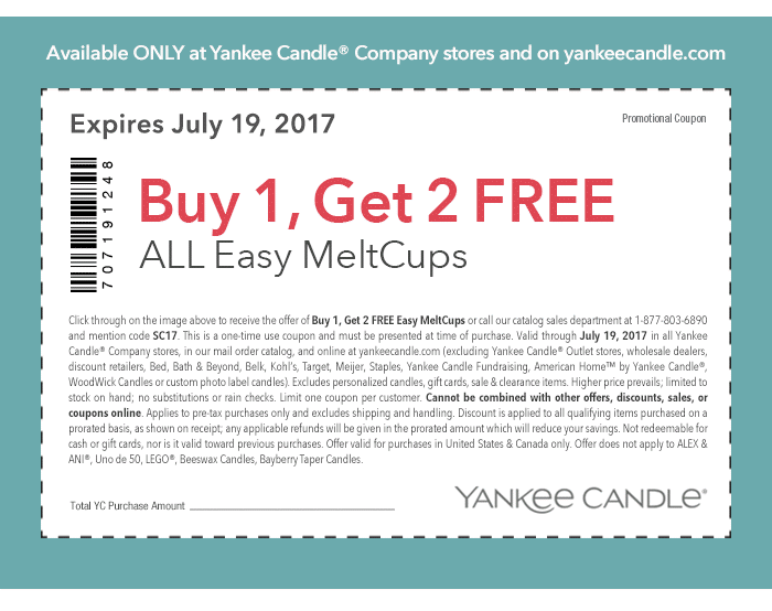 Yankee Candle Coupon April 2024 3-for-1 on easy meltcups at Yankee Candle, or online via promo code SC17