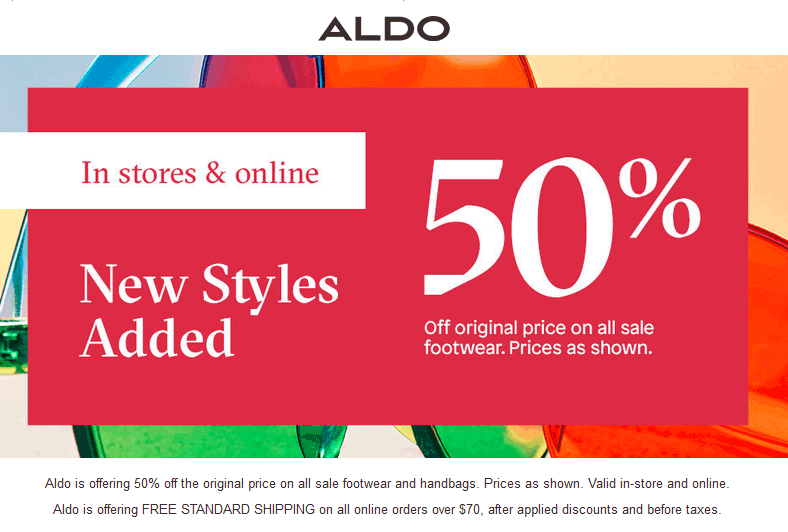 Aldo Coupon March 2024 Extra 50% off sale footwear at Aldo, ditto online