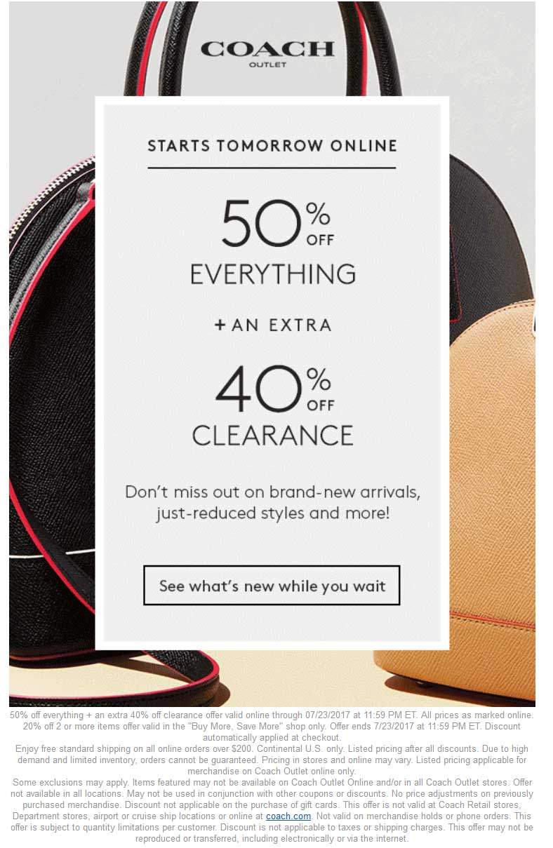 Coach Outlet Coupon April 2024 50% off everything + extra 40% off clearance online at Coach Outlet