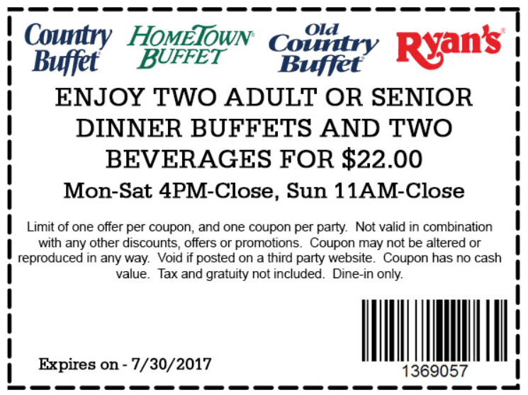 Old Country Buffet Coupon April 2024 2 dinner buffets + drinks = $22 at Ryans, HomeTown Buffet & Old Country Buffet
