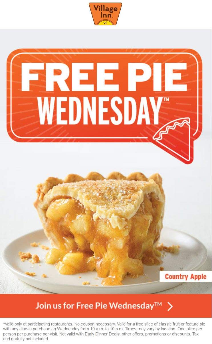 Village Inn Coupon April 2024 Free pie with any order today at Village Inn