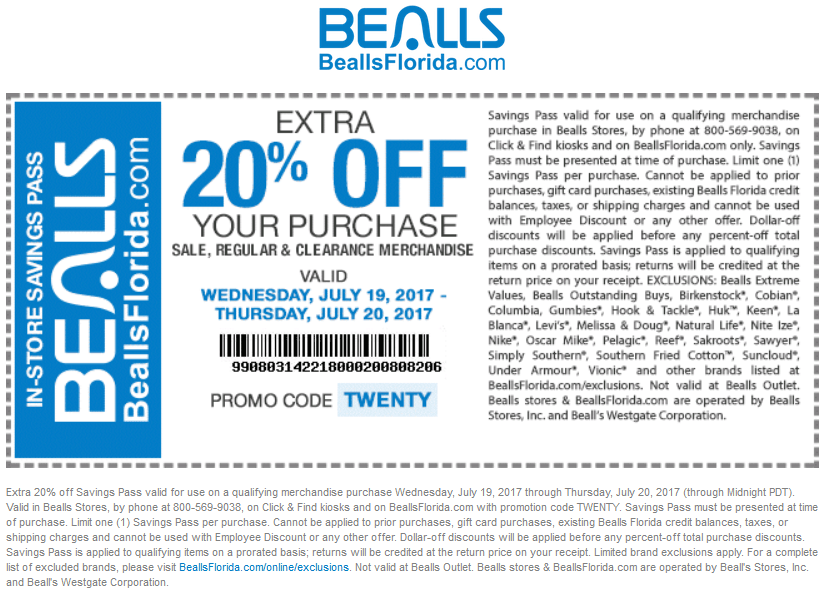 Bealls Coupon April 2024 Extra 20% off today at Bealls, or online via promo code TWENTY