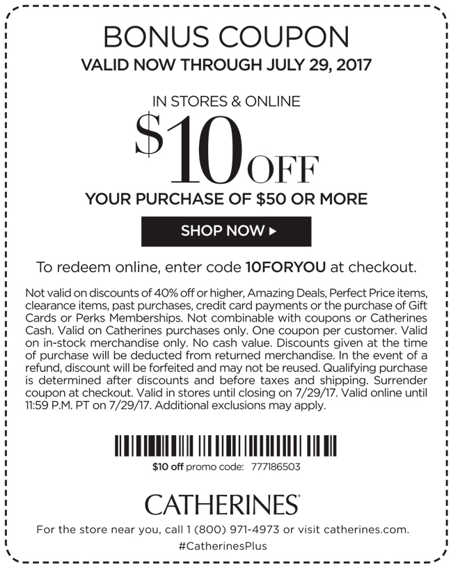 Catherines Coupon April 2024 $10 off $50 at Catherines, or online via promo code 10FORYOU