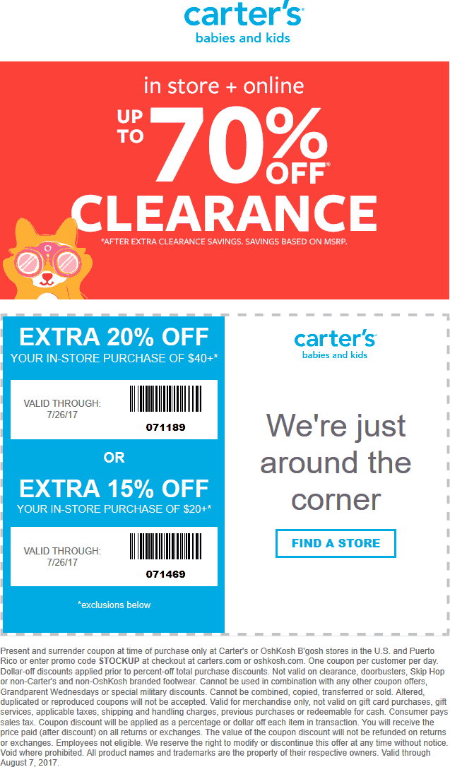 Carters Coupon April 2024 Extra 15-20% off at Carters, or online via promo code STOCKUP