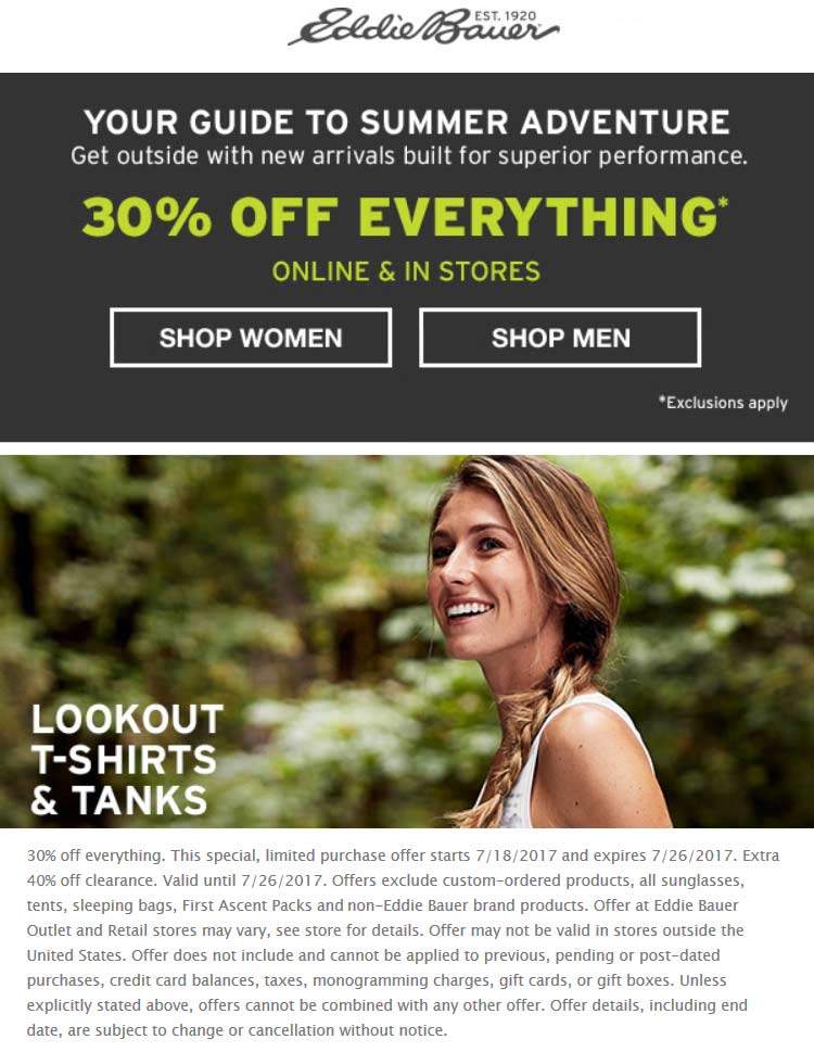 Eddie Bauer Coupon April 2024 30% off everything + 40% off clearance at Eddie Bauer, ditto online
