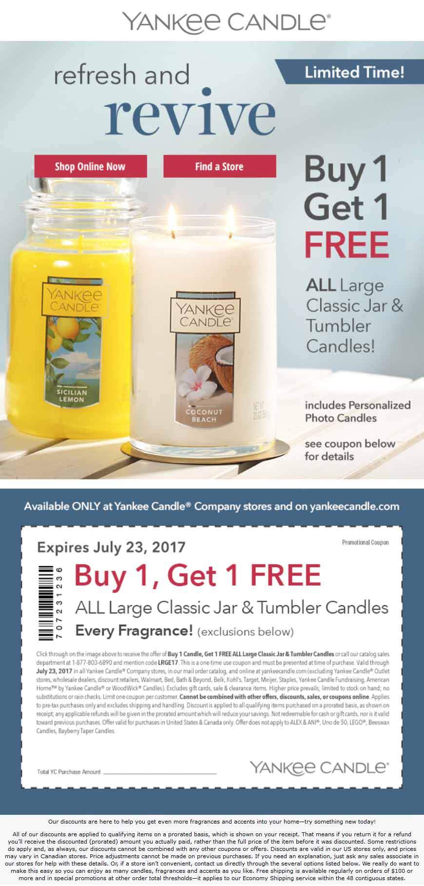 Yankee Candle Coupon April 2024 Second large candle free at Yankee Candle, or online via promo code LRGE17