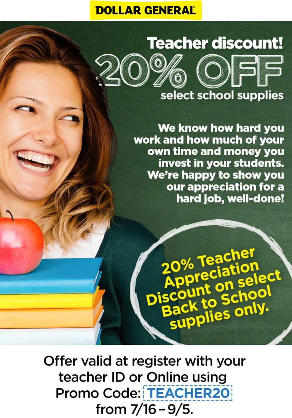 Dollar General Coupon April 2024 Teachers knock 20% off school supplies at Dollar General, or online via promo code TEACHER20