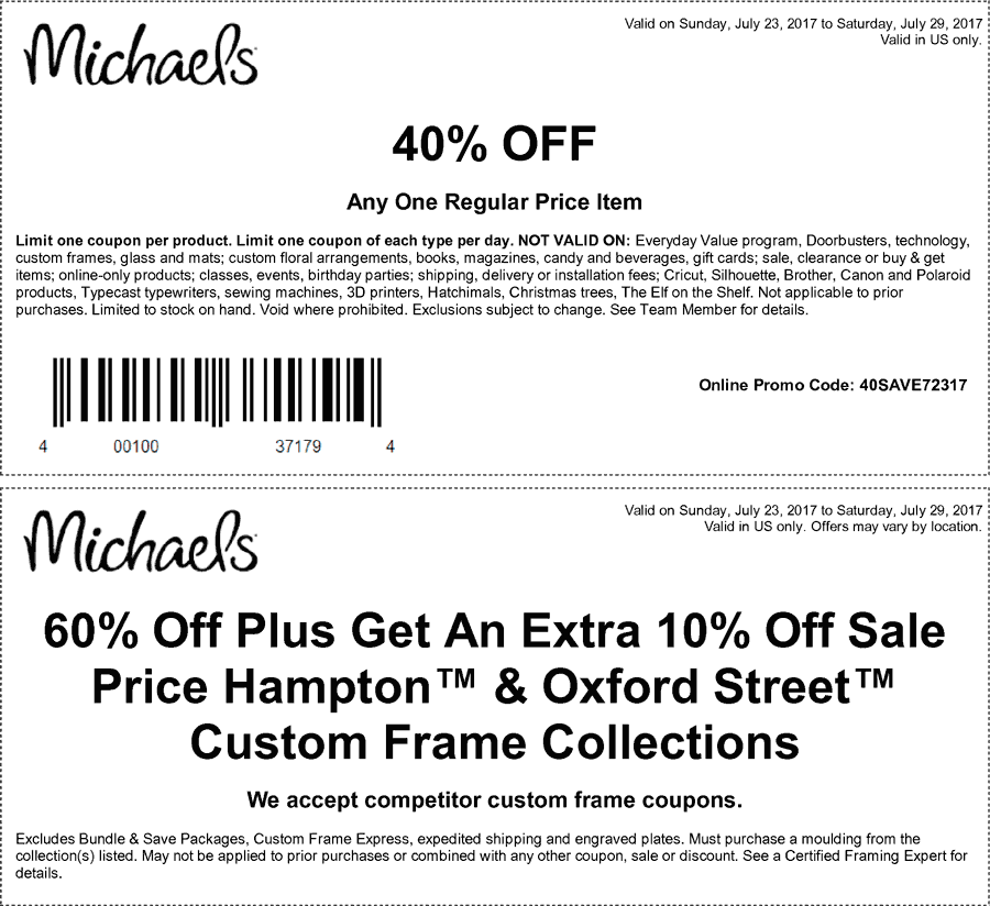 Michaels Coupon April 2024 40% off a single item at Michaels, or online via promo code 40SAVE72317