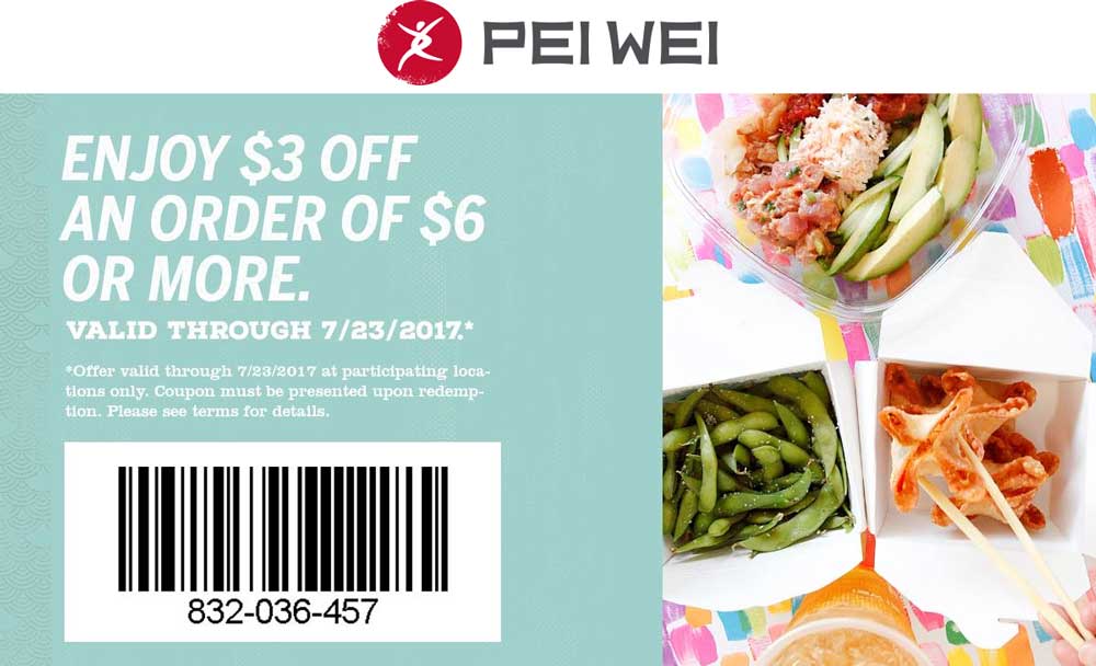 Pei Wei Coupon April 2024 $3 off $6 today at Pei Wei restauarants