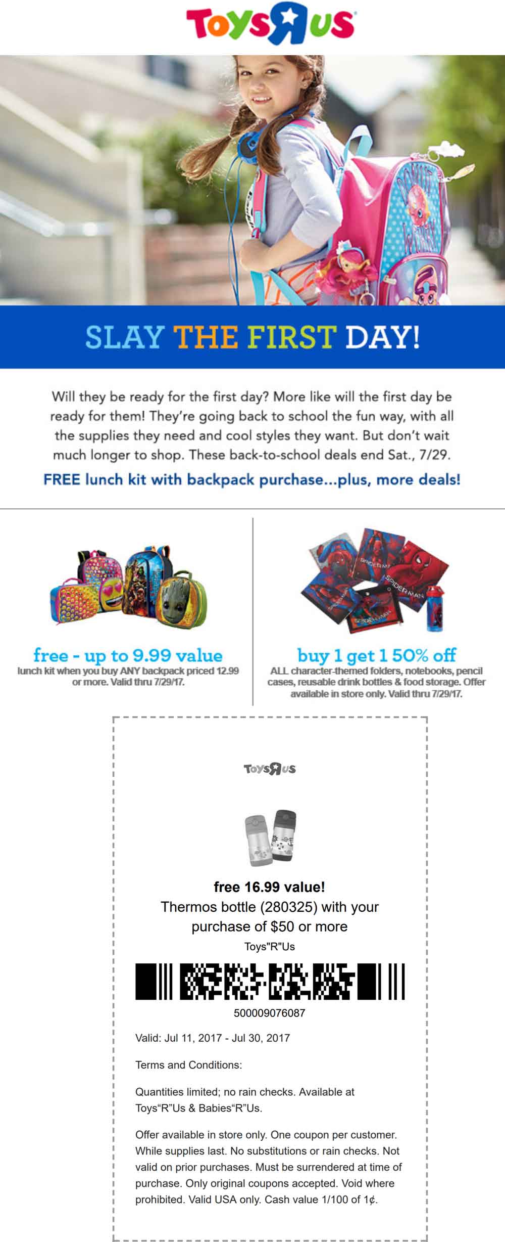 Toys R Us Coupon April 2024 $17 thermos free with $50 spent, free lunch box with any backpack at Toys R Us