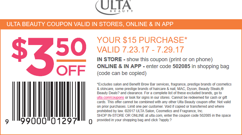 Ulta Beauty Coupon April 2024 $3.50 off $15 at Ulta Beauty, or online via promo code 502085