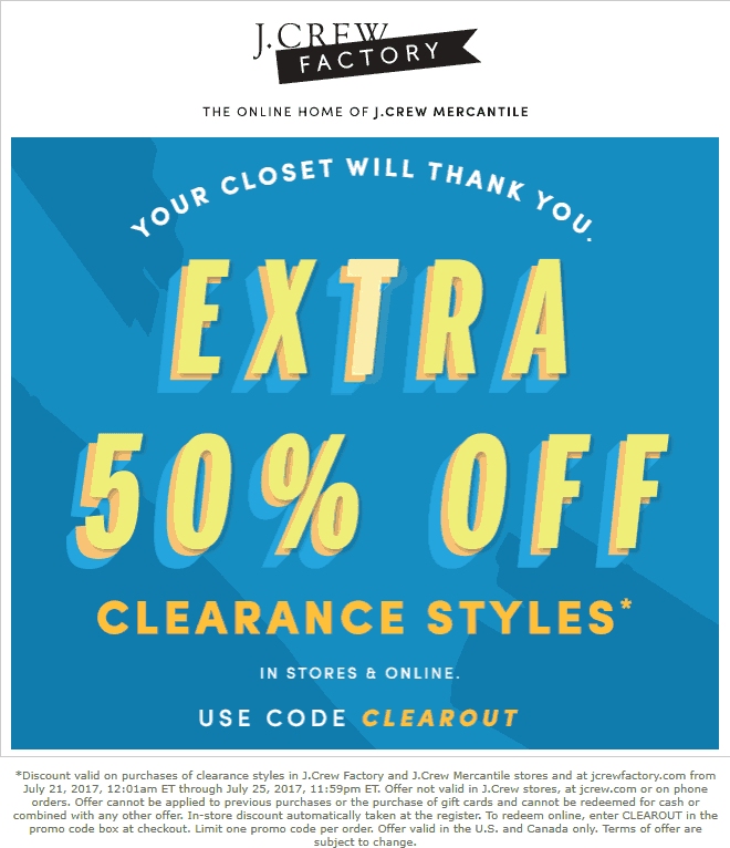 J.Crew Factory Coupon April 2024 Extra 50% off clearance at J.Crew Factory, ditto online