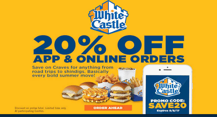 White Castle Coupon March 2024 20% off online orders at White Castle restaurants via promo code SAVE20