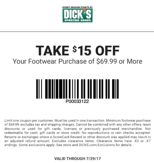 Dicks Coupon March 2024 $15 off $70 on footwear at Dicks sporting goods