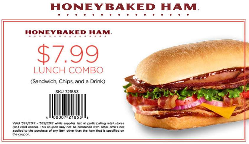 HoneyBaked Ham Coupon April 2024 Sandwich + chips + drink = $8 at Honeybaked Ham