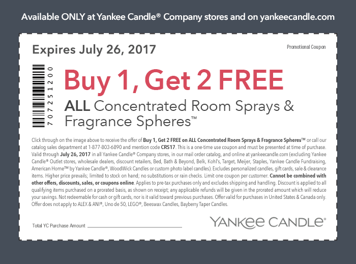 Yankee Candle Coupon April 2024 3-for-1 room sprays at Yankee Candle, or online via promo code CRS17