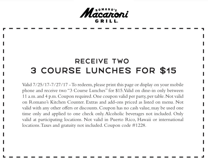 Macaroni Grill Coupon April 2024 Two 3-course lunches = $15 at Macaroni Grill restaurants