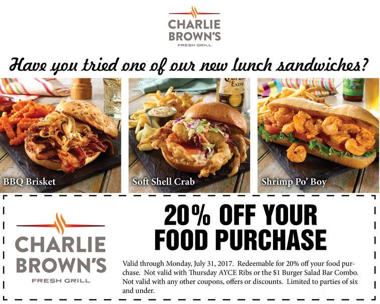 Charlie Browns Coupon April 2024 20% off at Charlie Browns fresh grill