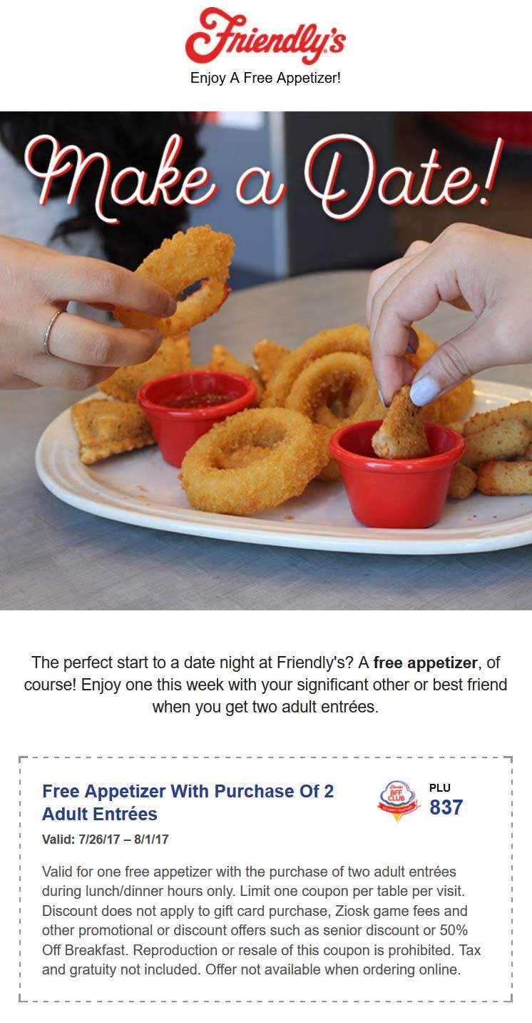 Friendlys Coupon April 2024 Free appetizer with your entrees at Friendlys