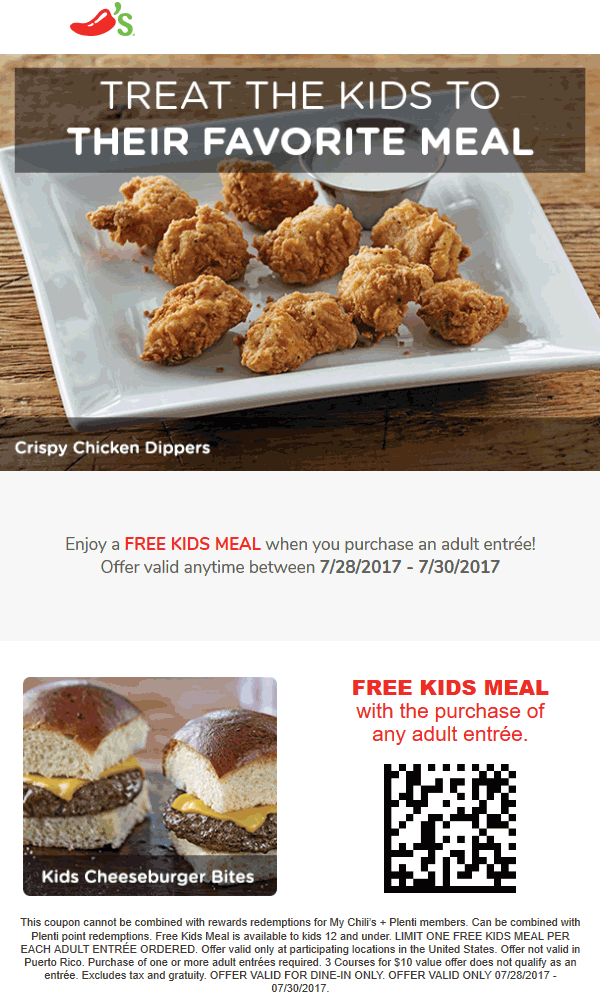 Chilis Coupon April 2024 Free kids meal with your at Chilis