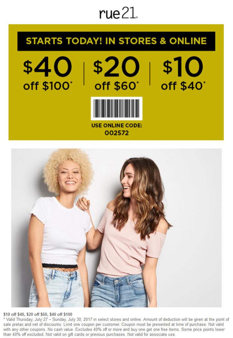 Rue21 Coupon April 2024 $10 off $40 & more at rue21, or online via promo code 002572