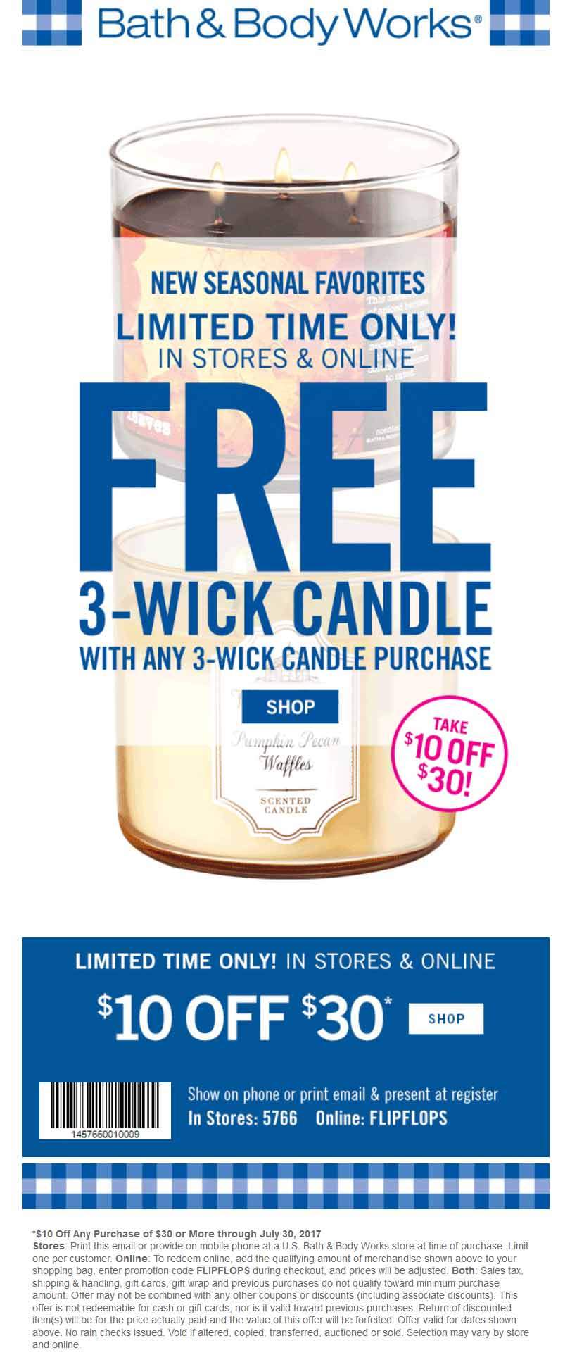 Yankee Candle Coupon April 2024 $10 off $30 + second 3-wick free at Yankee Candle, or online via promo code FLIPFLOPS