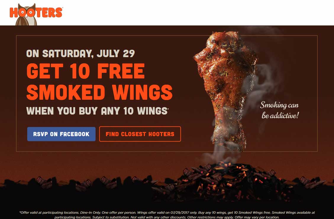 Hooters Coupon March 2024 Second 10pc wings free today at Hooters restaurants