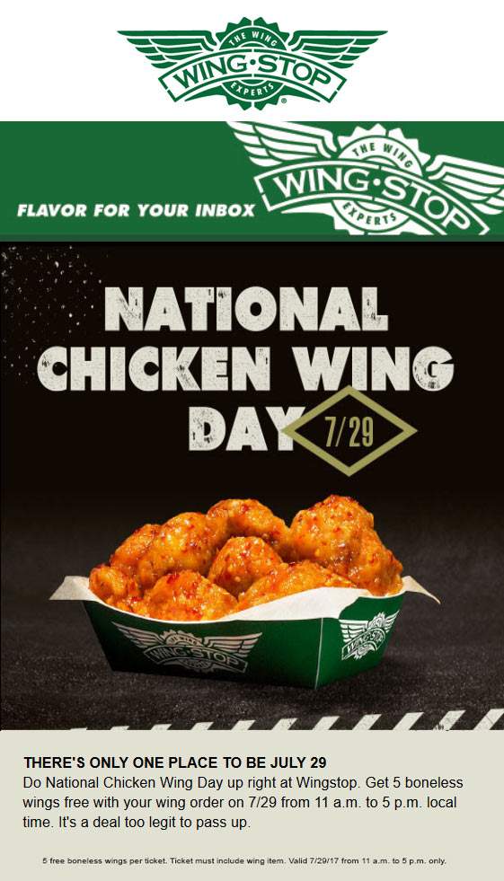Wingstop Coupon April 2024 5 wings free with your order today at Wingstop