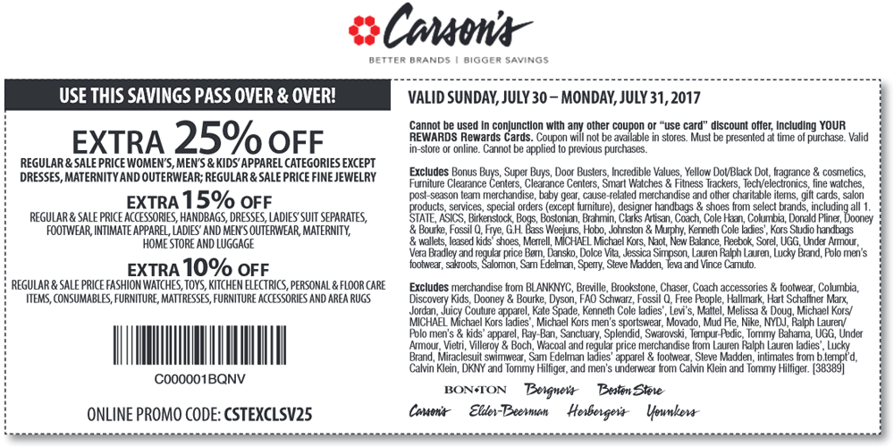 Carsons Coupon April 2024 Extra 25% off apparel today at Carsons, Bon Ton & sister stores, or online via promo code CSTEXCLSV25