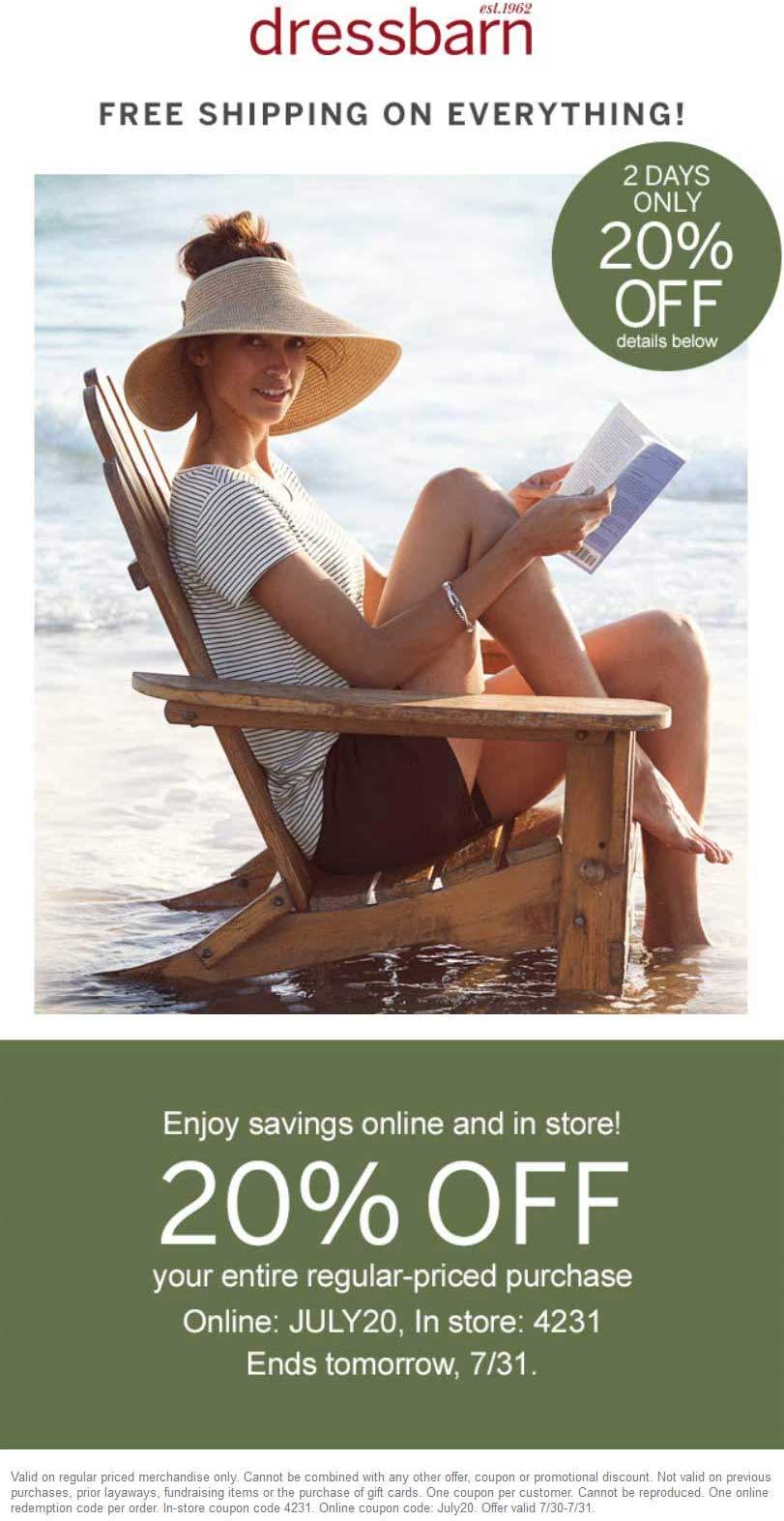 Dressbarn Coupon April 2024 20% off everything today at Dressbarn, or online via promo code JULY20