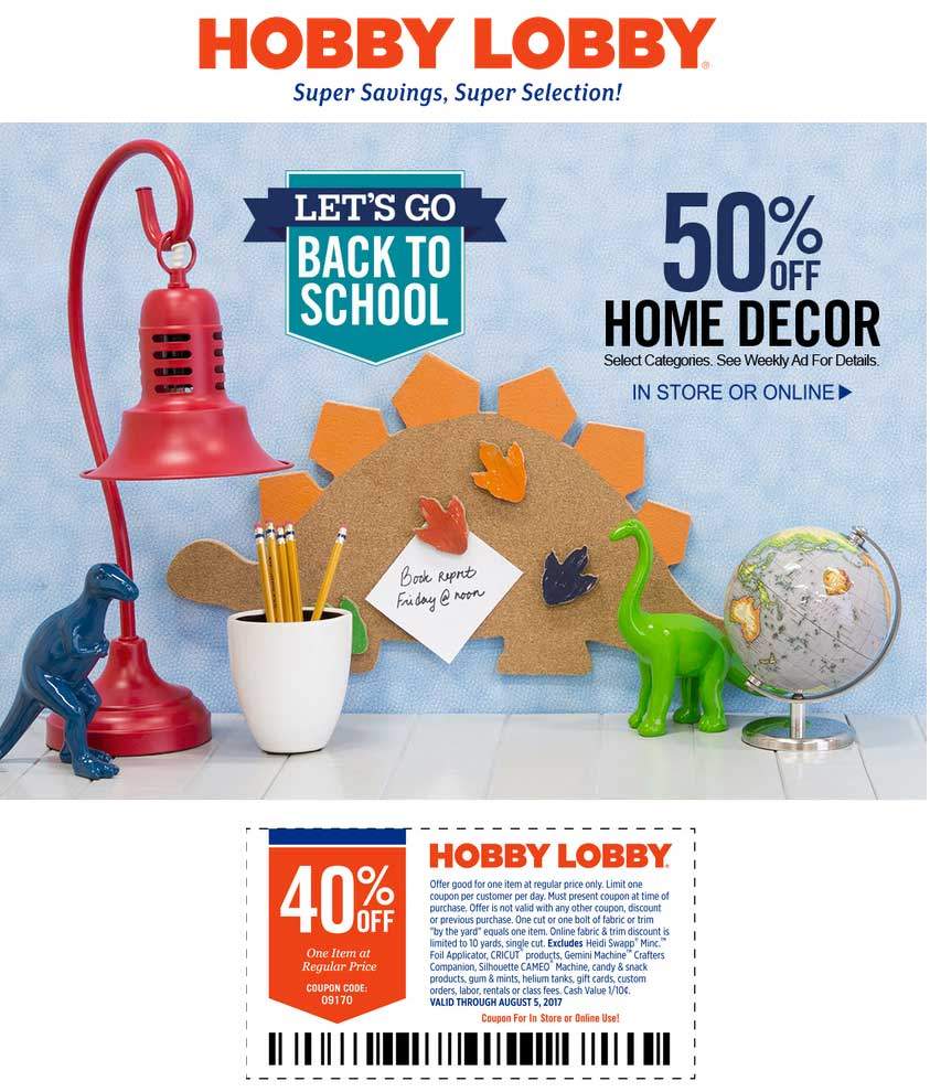 Hobby Lobby Coupon April 2024 40% off a single item at Hobby Lobby, or online via promo code 09170