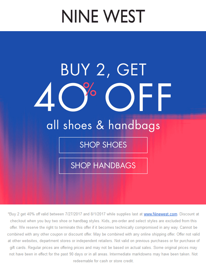 Nine West Coupon April 2024 40% off a couple pair of shoes & handbags online at Nine West, no code needed