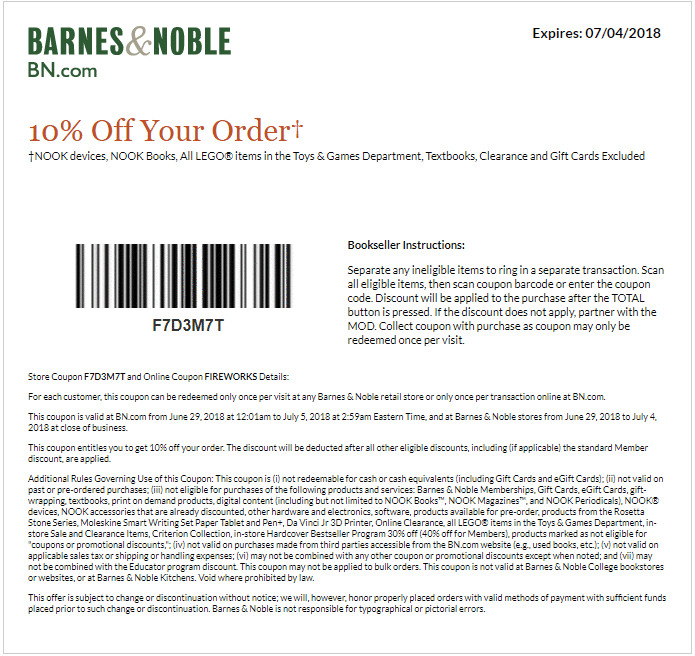 Barnes & Noble Coupon April 2024 10% off at Barnes & Noble, or online via promo code FIREWORKS