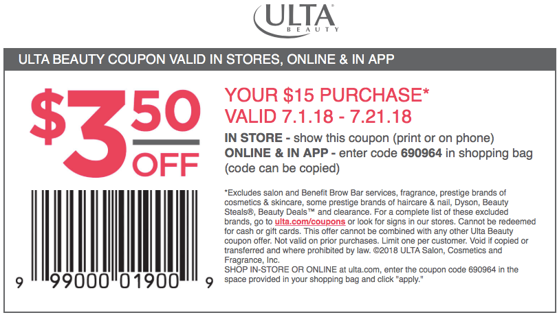 Ulta Beauty Coupon April 2024 $3.50 off $15 at Ulta Beauty, or online via promo code 690964
