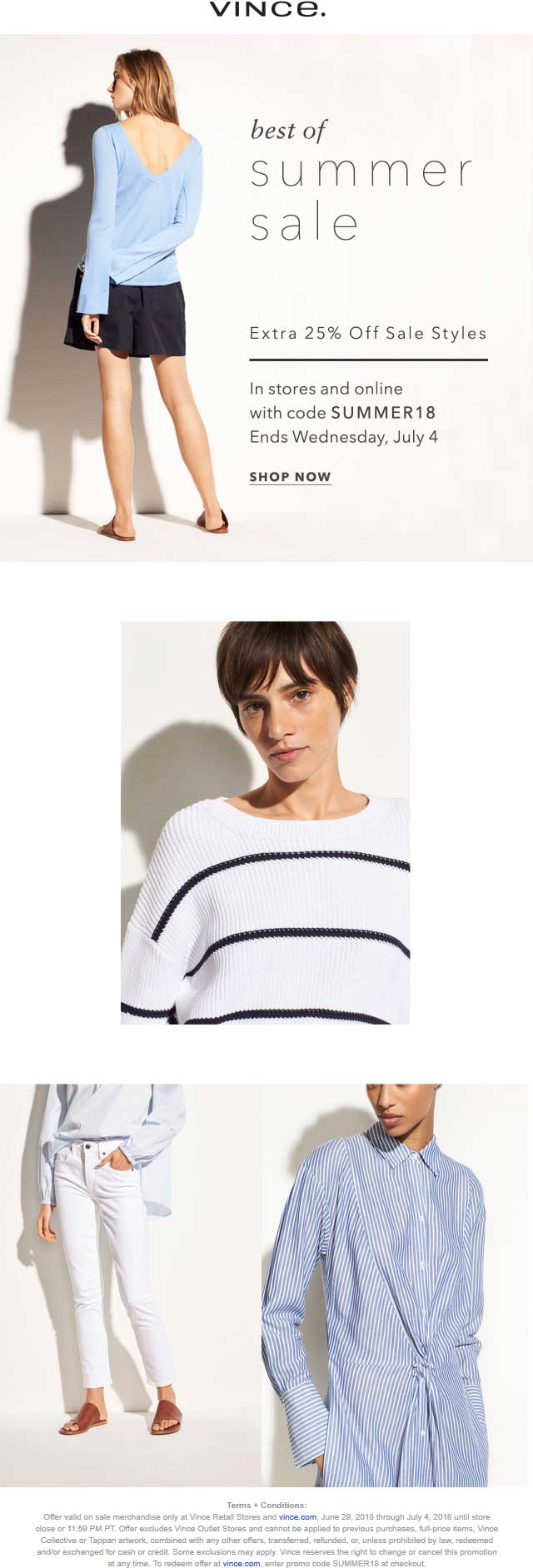Vince Coupon April 2024 Extra 25% off sale items at Vince, or online via promo code SUMMER18