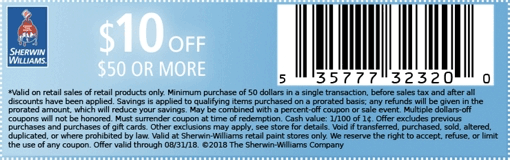 Sherwin Williams Coupon April 2024 $10 off $50 at Sherwin Williams paint & stain