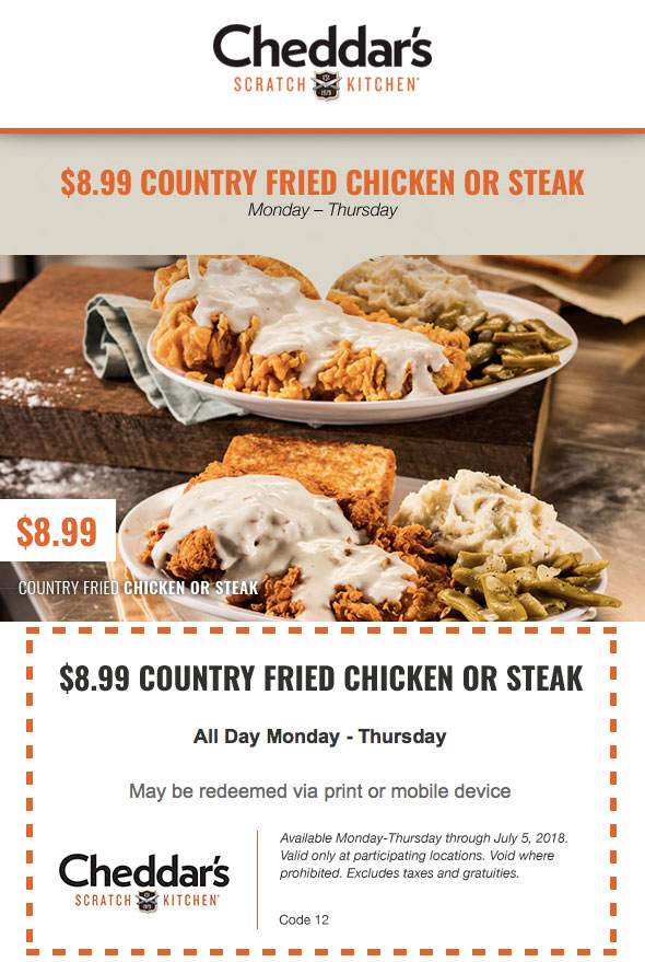 Cheddars Scratch Kitchen Coupon April 2024 $9 steak or fried chicken at Cheddars Scratch Kitchen