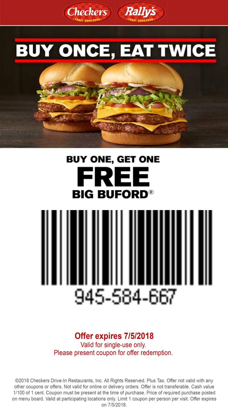 Checkers Coupon April 2024 Second double cheeseburger free at Rallys & Checkers restaurants