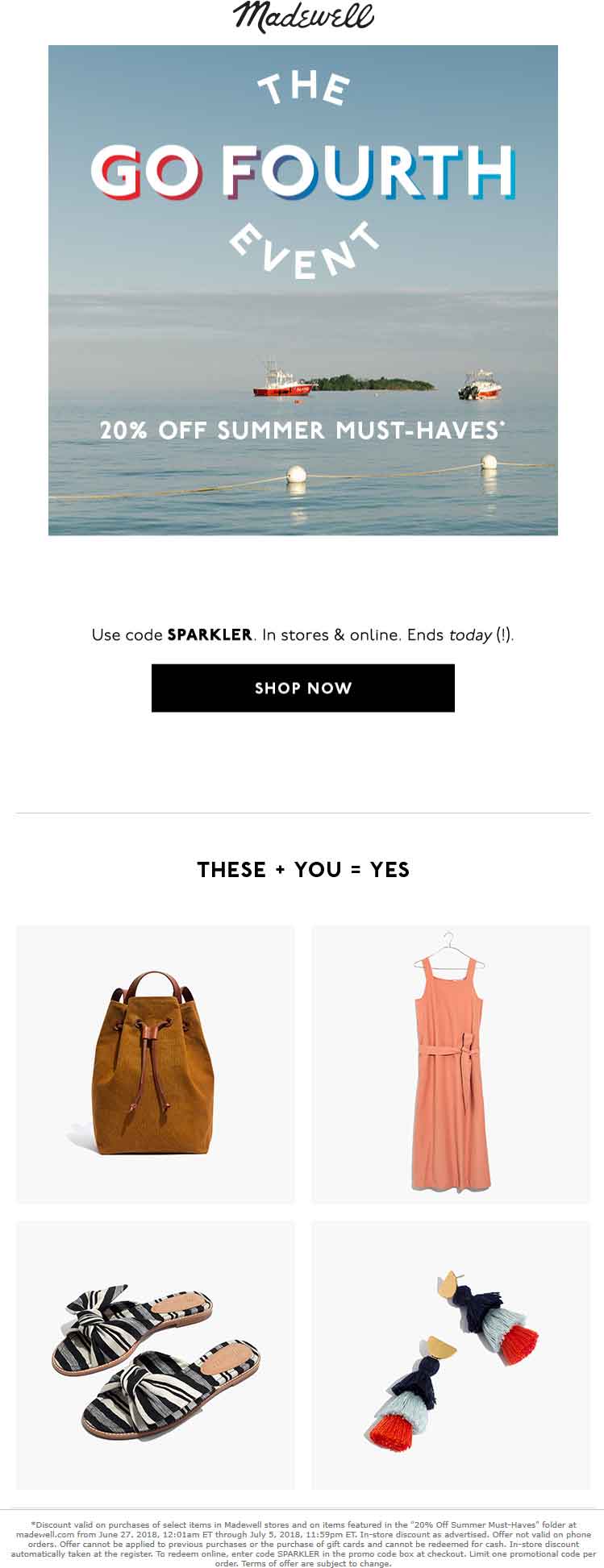 Madewell Coupon April 2024 20% off today at Madewell, or online via promo code SPARKLER
