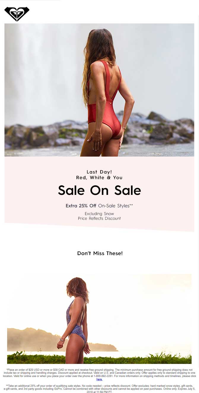 Roxy Coupon March 2024 25% off sale items online today at Roxy, no code needed